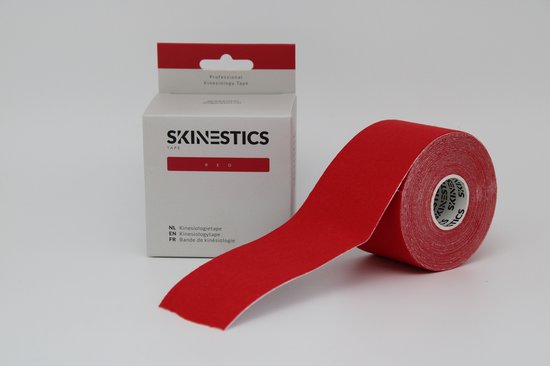 Rol rode Skinestics sporttape naast een doosje met rode band.