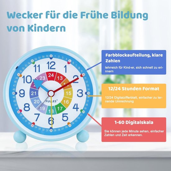 Kinderwekker Analoog - Stille Wekker - Tijd Leren - Zonder Tikken Nachtlampje - 11.5 cm Doorsnee - Blauw — afbeelding 3
