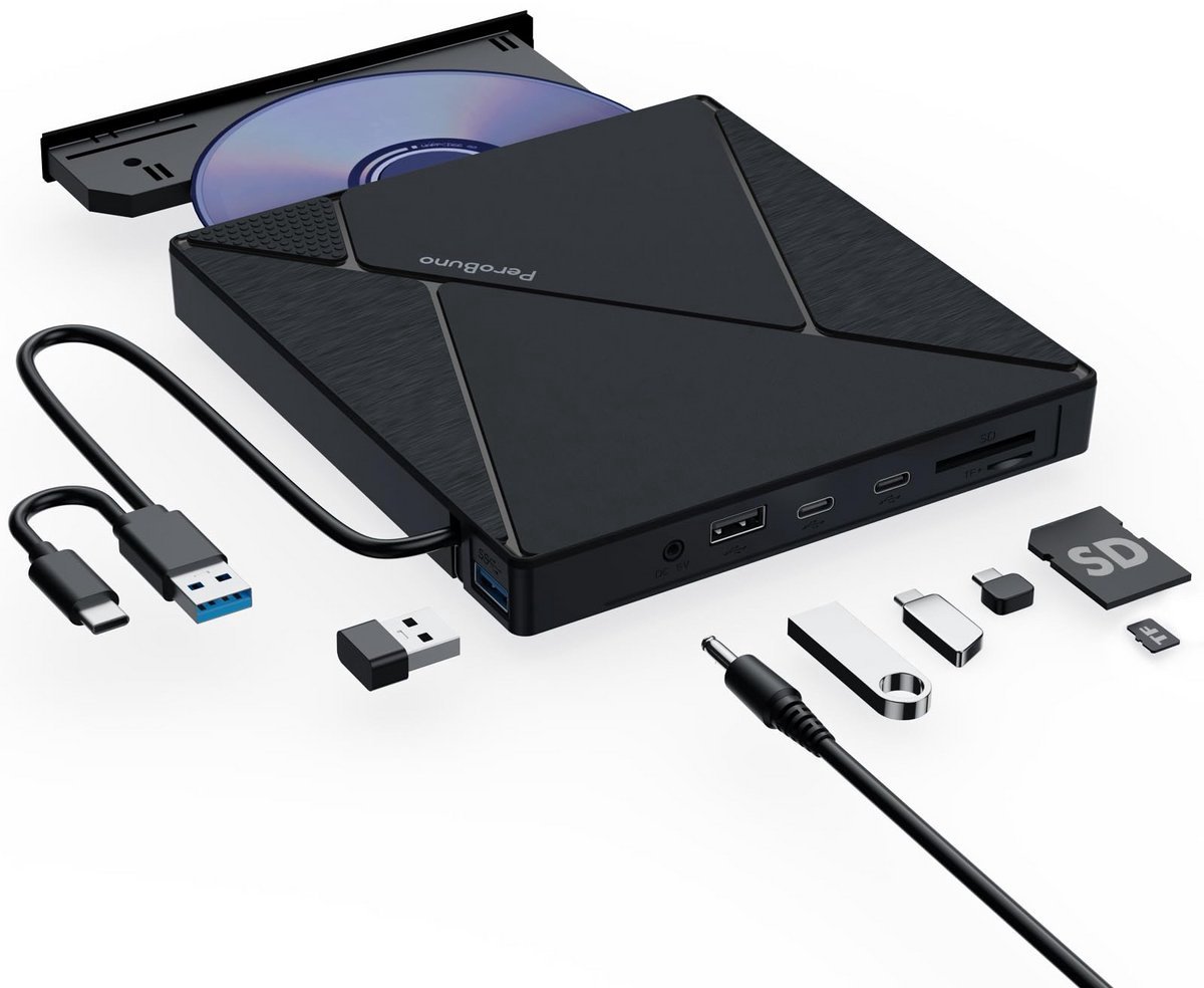 casalora Externe CD/DVD-brander 8-in-1 DVD-station - Extern Optisch Laufwerk met USB Hub - 4 USB Poorten & SD/TF Slots - USB 3.0 & Type-C - Snelheid 8x DVD 24x CD Hoge Snelheid 5 Gbps- Plug & Play - Draagbaar Ontwerp Compatibel met Windows & Mac