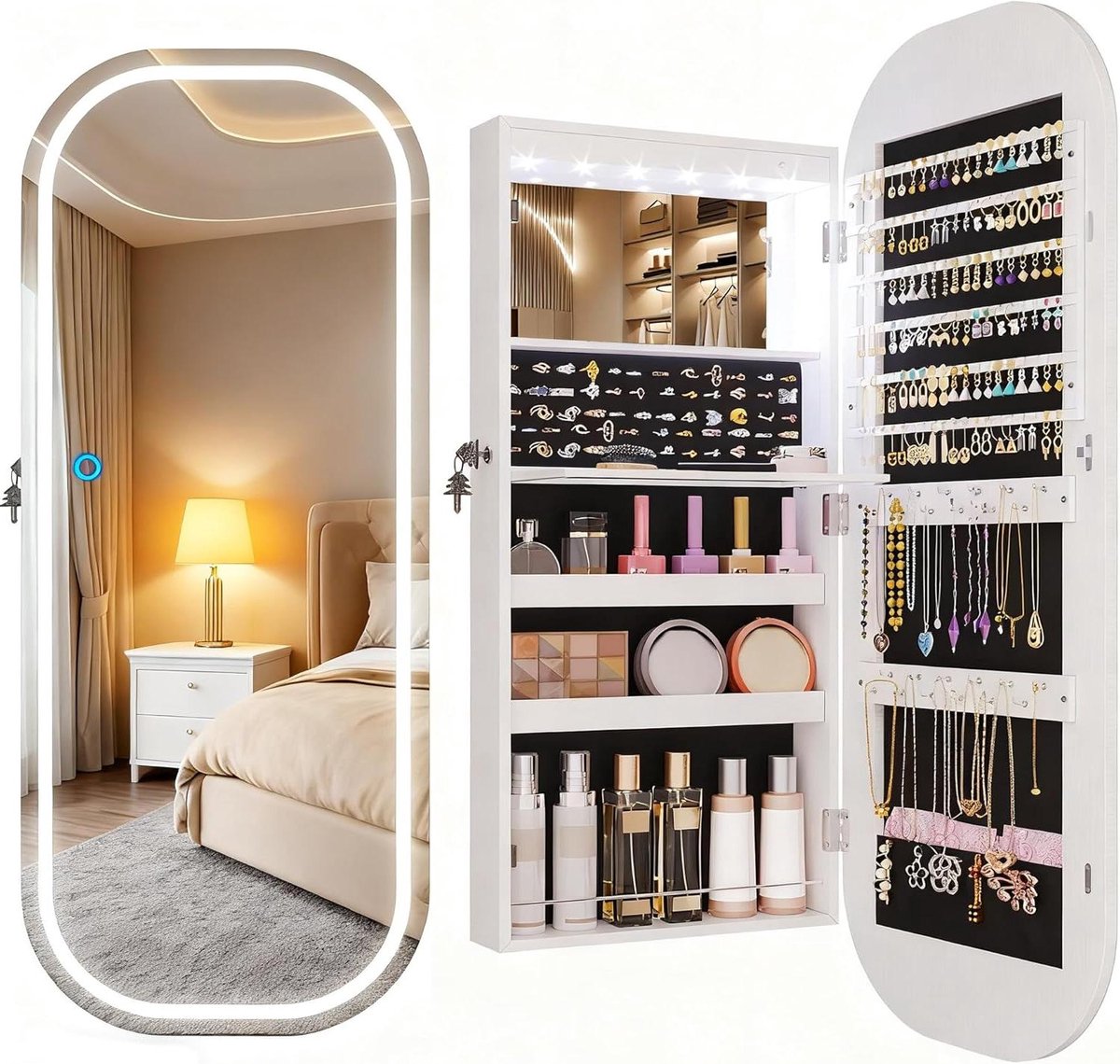 Sieradenkast met spiegel - Wandkast Organizer - Sieraden Opbergen - Met LED verlichting - 40 cm breed - Wit