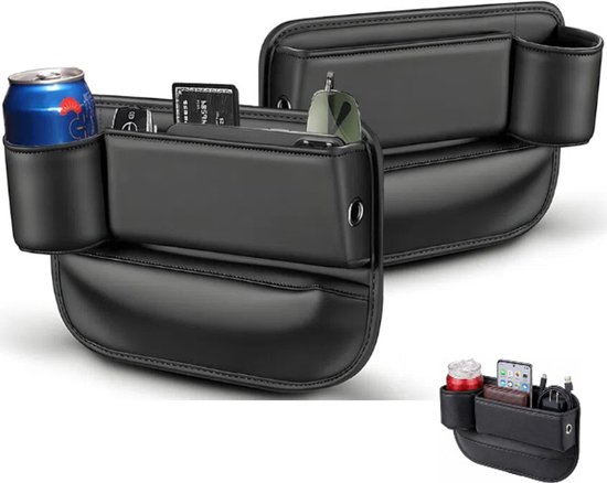 2-delige set - Opbergbox voor de ruimte tussen de autostoel - Organizer voor de ruimte tussen de stoel - Opbergbox voor de ruimte tussen de autostoel - 30*20 cm - Zwart - Met bekerhouder (Bestuurder + Passagier)