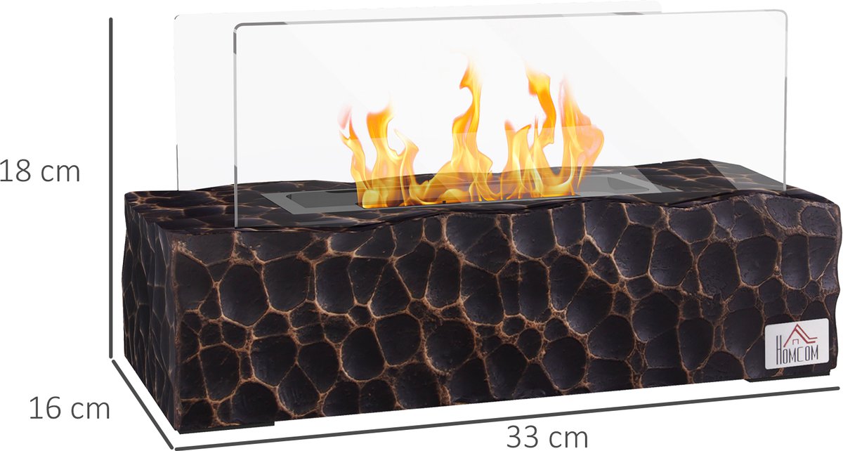 1 stuk - Desktop bioethanol haard - 1,15 liter brander - Brandtijd 30-45 minuten - met glazen paneel en brandblusser - 33x16x18 cm - zwart