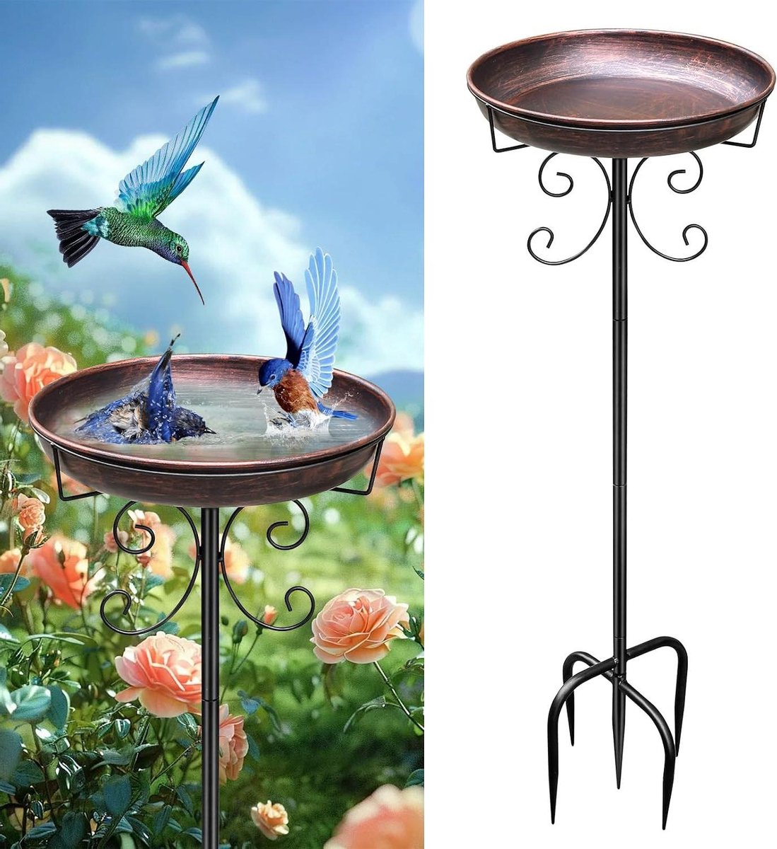Vogelbad Staand - Tuin Waterbad - Vogels Voeren - Verbeterde Stabiele Voet - 89 cm Hoog - Antiek Bruin