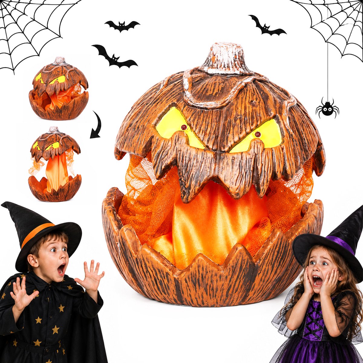Pompoen Halloween Verlichting - Halloween Animatronic - Geanimeerd Uitbreidbaar Pompoen Speelgoed - Ophijzende Lichtgevende Pompoenen - Open Mond Pompoenlamp - Griezelige Halloween Decoratie - Vintage Decoratie voor Slaapkamer, Tuin en Feestjes