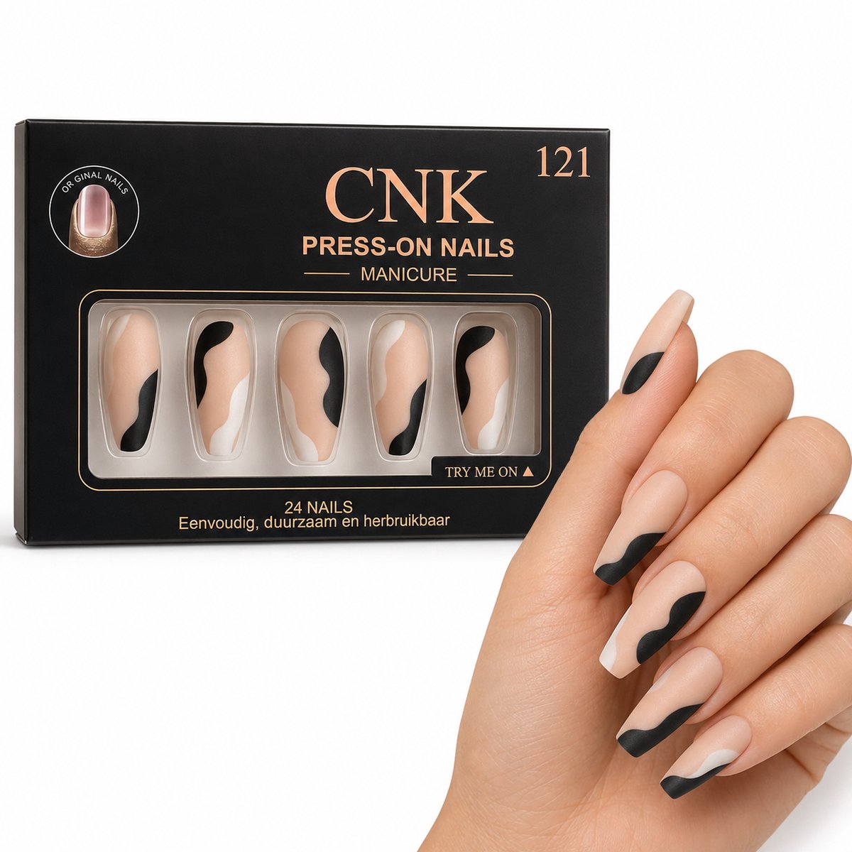 CNK 121 Press On Nails - Plaknagels - 24 Kunstnagels met Nagellijm, 24 Zelfklevende Plakstickers, Cleaner Wipe, Nagelvijl, Woodstick & Size Matcher - Nepnagels voor 7-14 Dagen - Herbruikbare Press-On Nagels - Starterspakket voor Manicure & Nail Art