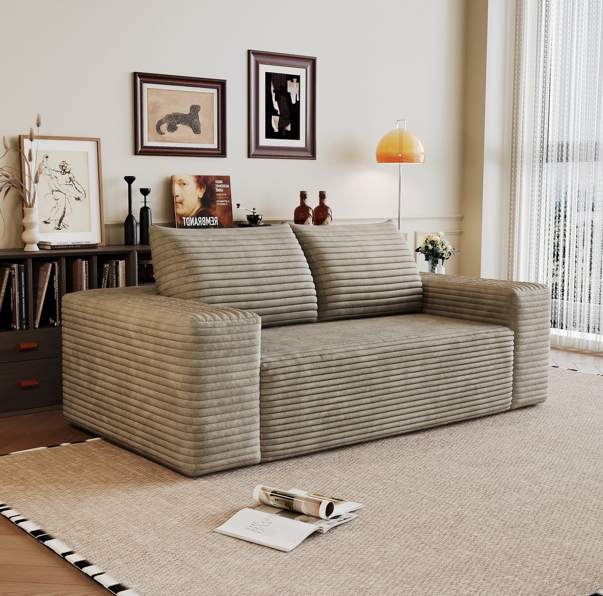 REDOM - Zitbank - 3-zits - Modulair ontwerp - Zonder montage - Laag model - Woonkamer of slaapkamer - Corduroy stof - Camel - 180 x 90 x 83 cm
