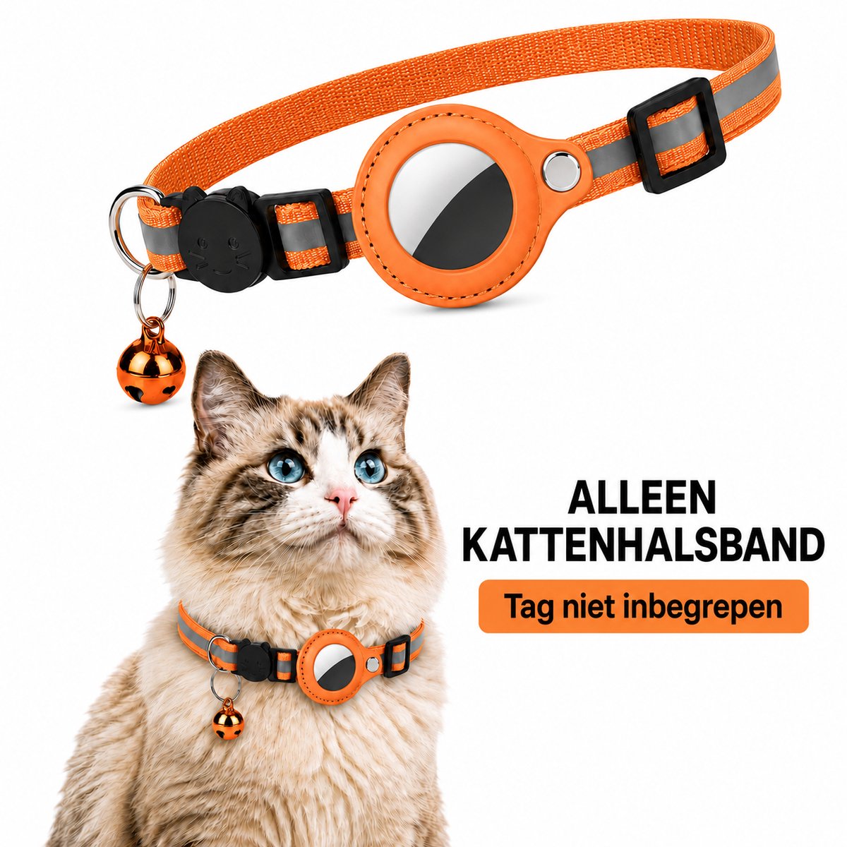 BlueTime® - Kattenhalsband zonder Tag - Halsband Kat & Kitten met Kattenbelletje - Kattenbandje, Poes, Kattenriem air & Tuigje met Houder - Oranje
