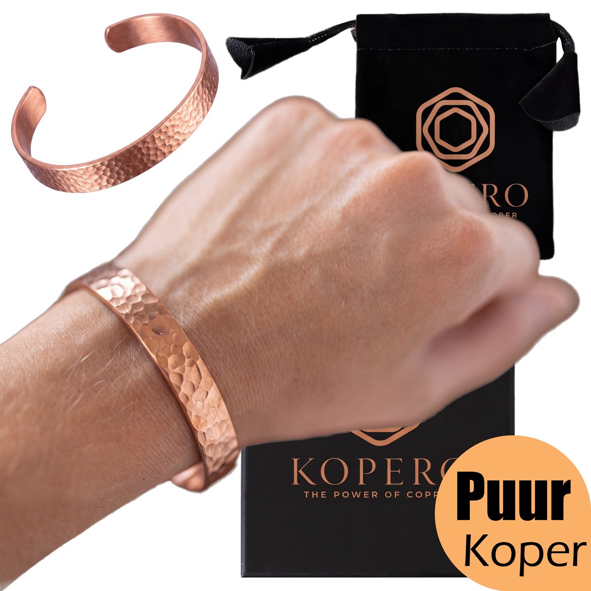 Kopero Premium Koperen Armband – Gehamerd - Puur Koper – Unisex – Verstelbaar – Met Fluwelen Draagzak – Met Luxe Sieradendoosje - Handgemaakt – Ayurveda – Koperen Armband Heren – Koperen Armband Vrouwen – Armband Koper - One Size Fits All