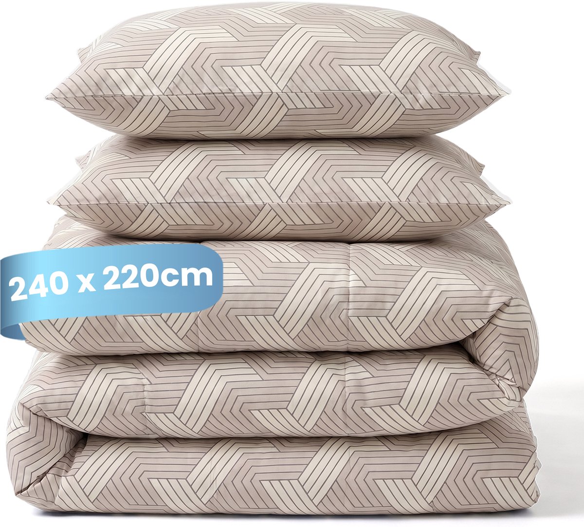 Slaapspeciaal Essential Print Geo Taupe - Dekbed zonder Overtrek - Wasbaar Dekbed - Hoesloos Dekbed - All Year Dekbed - 2 in 1 Dekbed - Incl. 2 Kussensloop - 240x220 cm