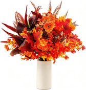 Set de 9 branches de fleurs artificielles d'automne - 38 cm - Bouquet de fausses fleurs rouge orange avec eucalyptus et fougères - Convient pour la décoration d'intérieur - Vase non inclus