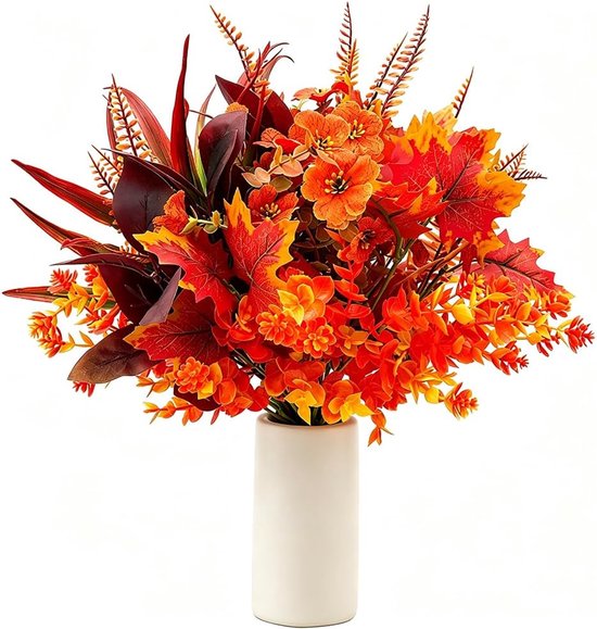 Set van 9 Herfst Kunstbloemen Takken - 38cm - Oranje Rood Nepbloemen Boeket met Eucalyptus en Varens - Geschikt voor Binnen Huisdecoratie - Vaas niet inbegrepen