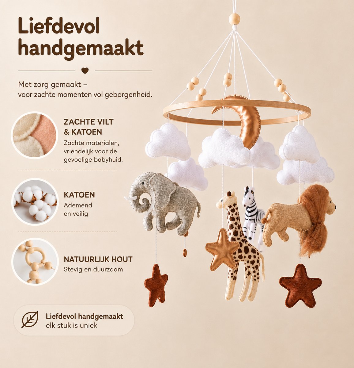 Joymaxx® Mobiel Baby Dieren Safari - Boxmobiel Vilt/Hout Handgemaakt - Babykamer Decoratie Neutrale Kleur- Muziekmobiel-Kraamcadeau - Babyshower Cadeau – foto 3