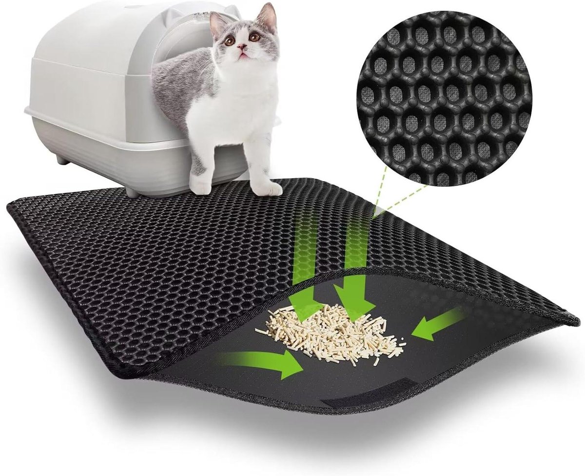 Kattenbakmat - Kattenbak Lade - Kattenbak Schoonhouden - Dubbellaags Gatontwerp - 75 x 55 cm - Zwart