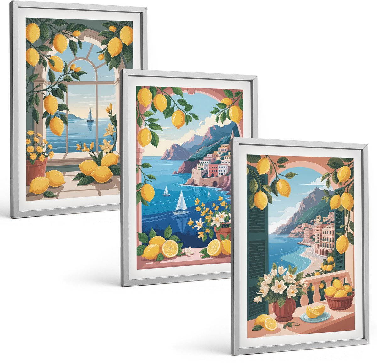 Coloray 3-Delige Schilderij Set - Zeezichtraam Met Italiaanse Citroenen - 40 x 60 cm - Wanddecoratie - Moderne Interieurdecoratie - Decoratieve Schilderijen