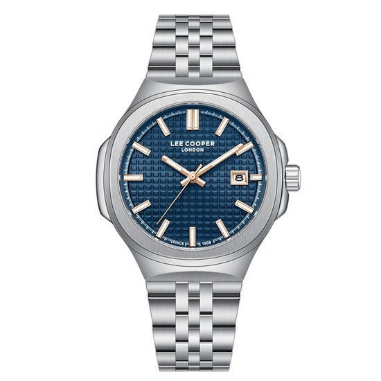 Lee Cooper Lennon horloge met blauwe wijzerplaat, textuur, roségouden accenten en zilveren stalen band.