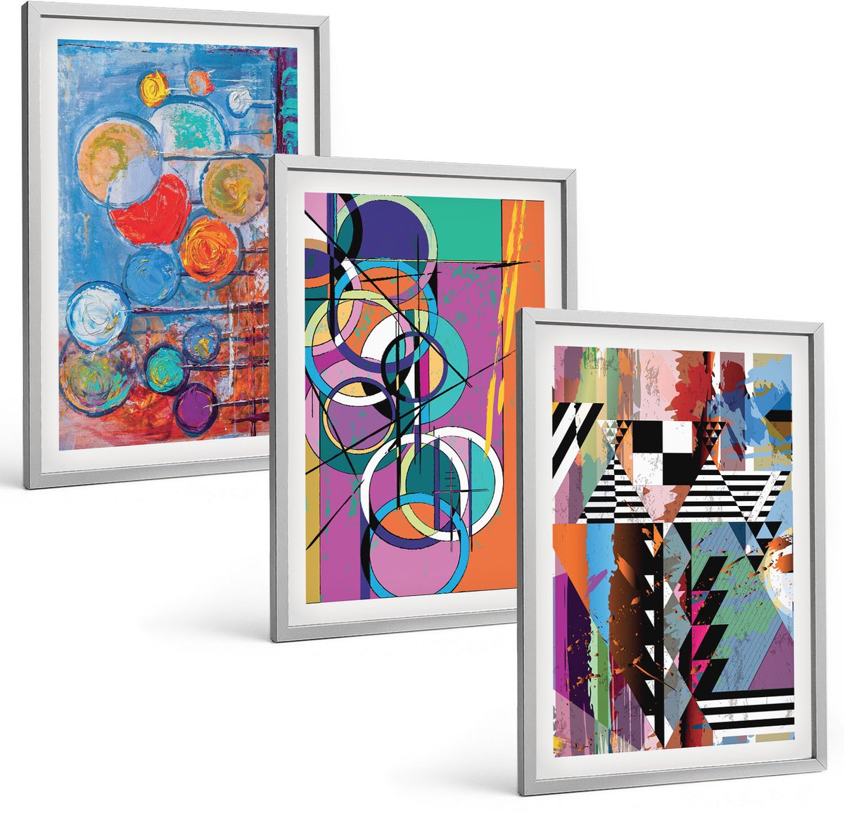 Coloray 3-Delige Schilderij Set - Kleurrijke Abstracties Met Cirkels En Geometrische Patronen - 40 x 60 cm - Muurdecoratie - Interieur Decoratie - Wanddecoratie