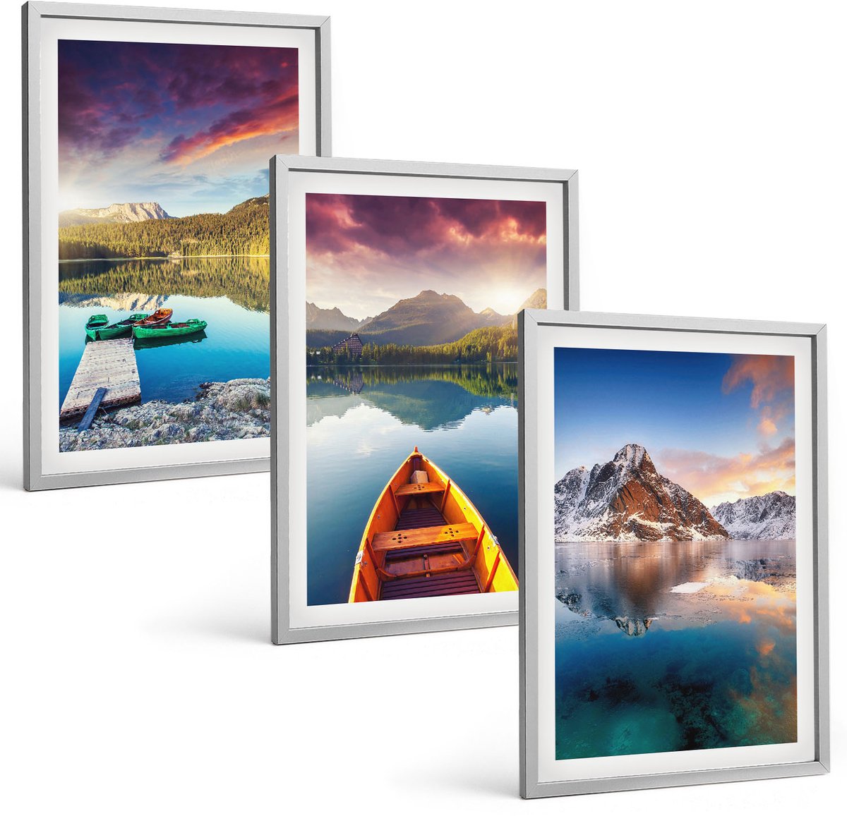 Coloray 3-Delige Schilderij Set - Rustige Meren Met Berglandschap En Boot - 40 x 60 cm - Decoratieve Muurdecoratie - Slaapkamer - Woonkamer Decoratie