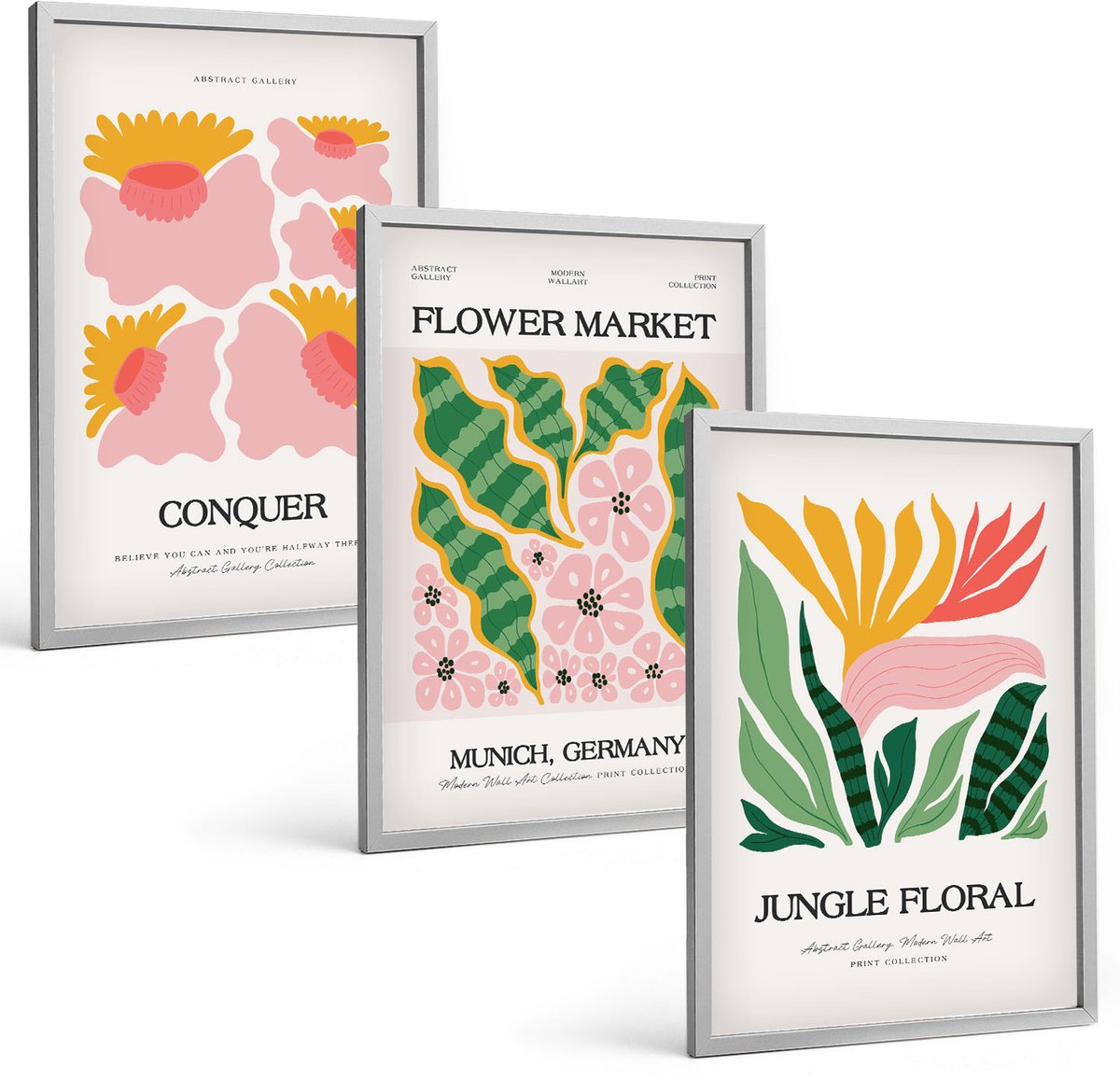 Coloray 3-Delige Schilderij Set - Bloemen En Bladeren In Moderne Stijl Op Posters - 40 x 60 cm - Muurdecoratie - Decoratieve Schilderijen - Wohnzimmer - Woonkamer Decoratie