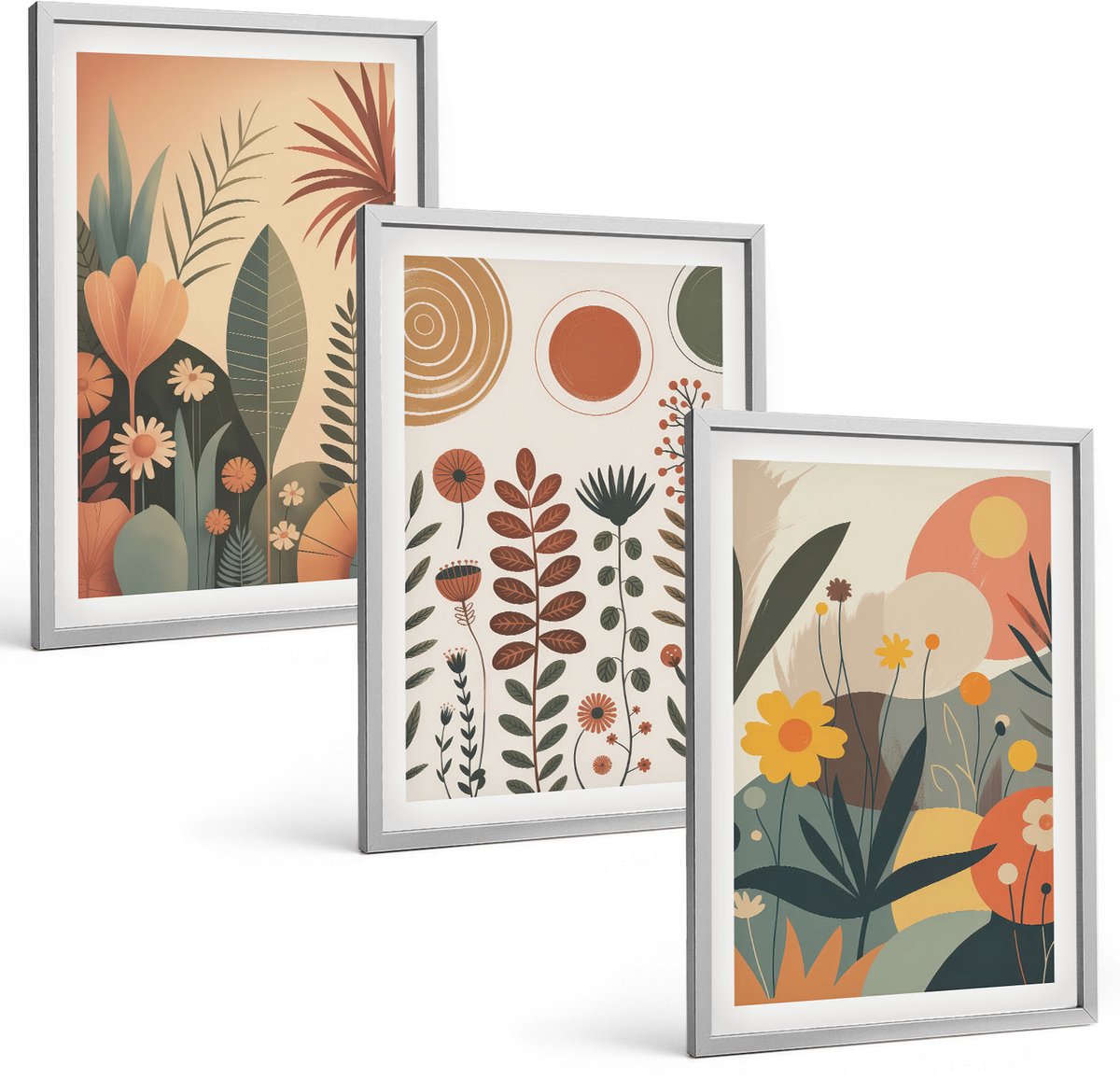 Coloray 3-Delige Schilderij Set - Boho-Plantenpatronen In Warme Tinten Met Natuur. - 40 x 60 cm - Decoratieve Schilderijen - Wanddecoratie - Hal - Stijlvolle Muurdecoratie