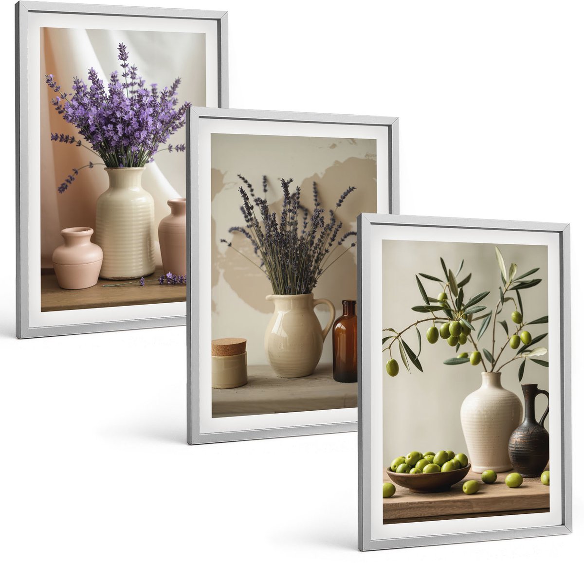 Coloray 3-Delige Schilderij Set - Lavendelbloemen, Olijven En Keramische Vazen - 40 x 60 cm - Muurdecoratie - Wanddecoratie - Hal - Moderne Wanddecoratie
