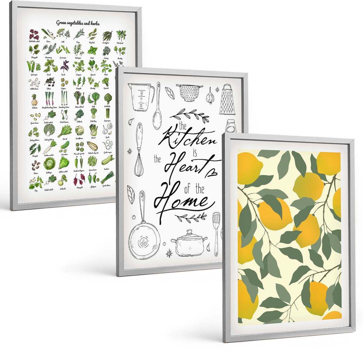 Coloray 3-Delige Schilderij Set - Lijst Met Keukenkruiden, Belettering En Beschilderde Citroenen - 40 x 60 cm - Muurdecoratie - Interieur Decoratie - Wanddecoratie