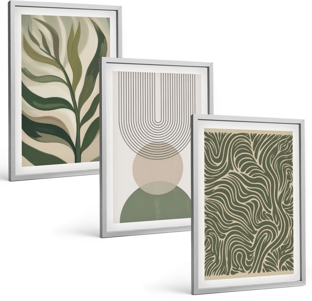 Coloray 3-Delige Schilderij Set - Abstracte Bladeren En Geometrische Vormen - 40 x 60 cm - Wanddecoratie - Moderne Interieurdecoratie - Woonkamer Decoratie