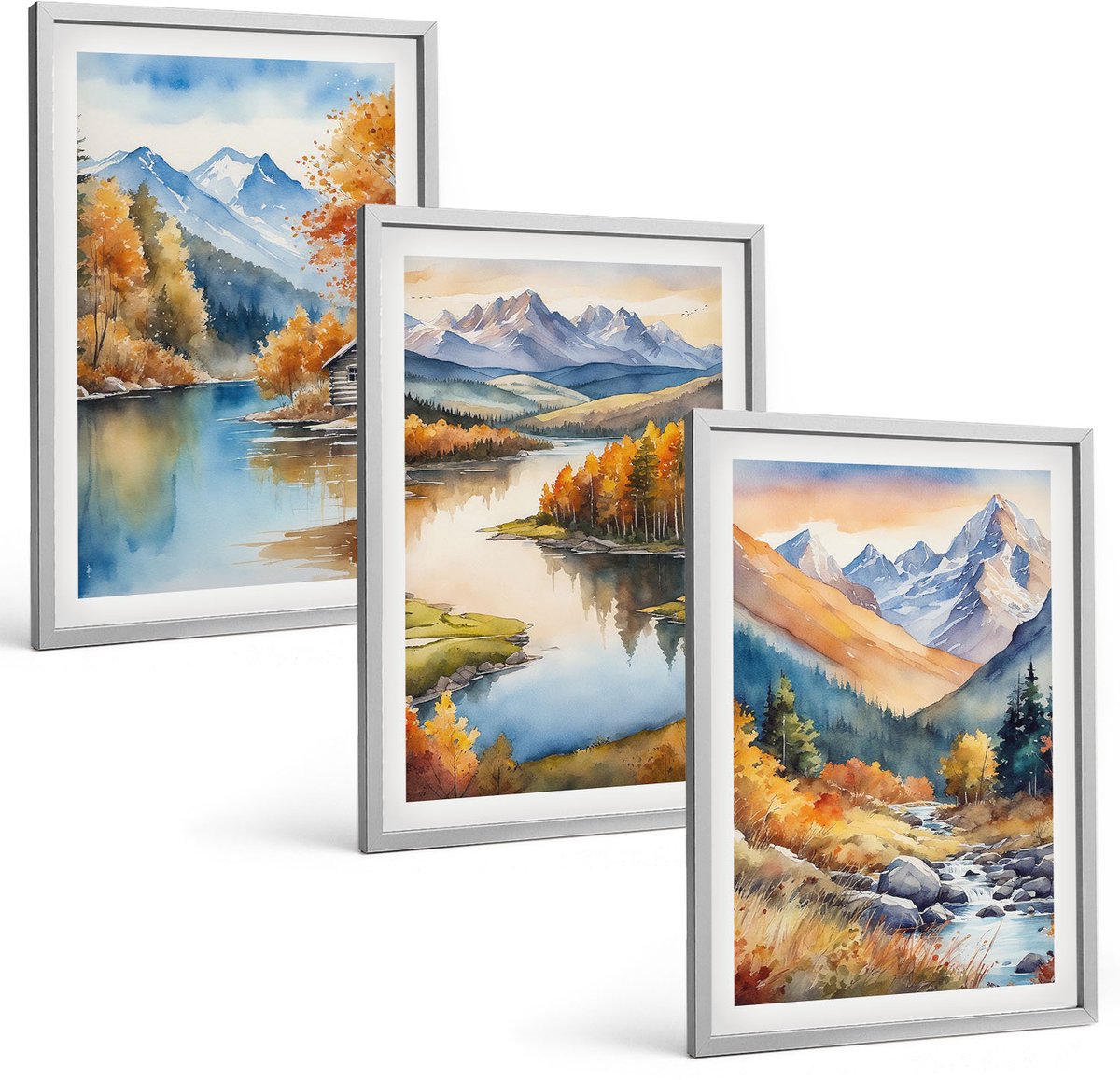 Coloray 3-Delige Schilderij Set - Uitzicht Op De Bergen Met Een Rivier En Herfstbomen. - 40 x 60 cm - Muurdecoratie - Schilderijen Set - Woonkamer - Decoratieve Schilderijen