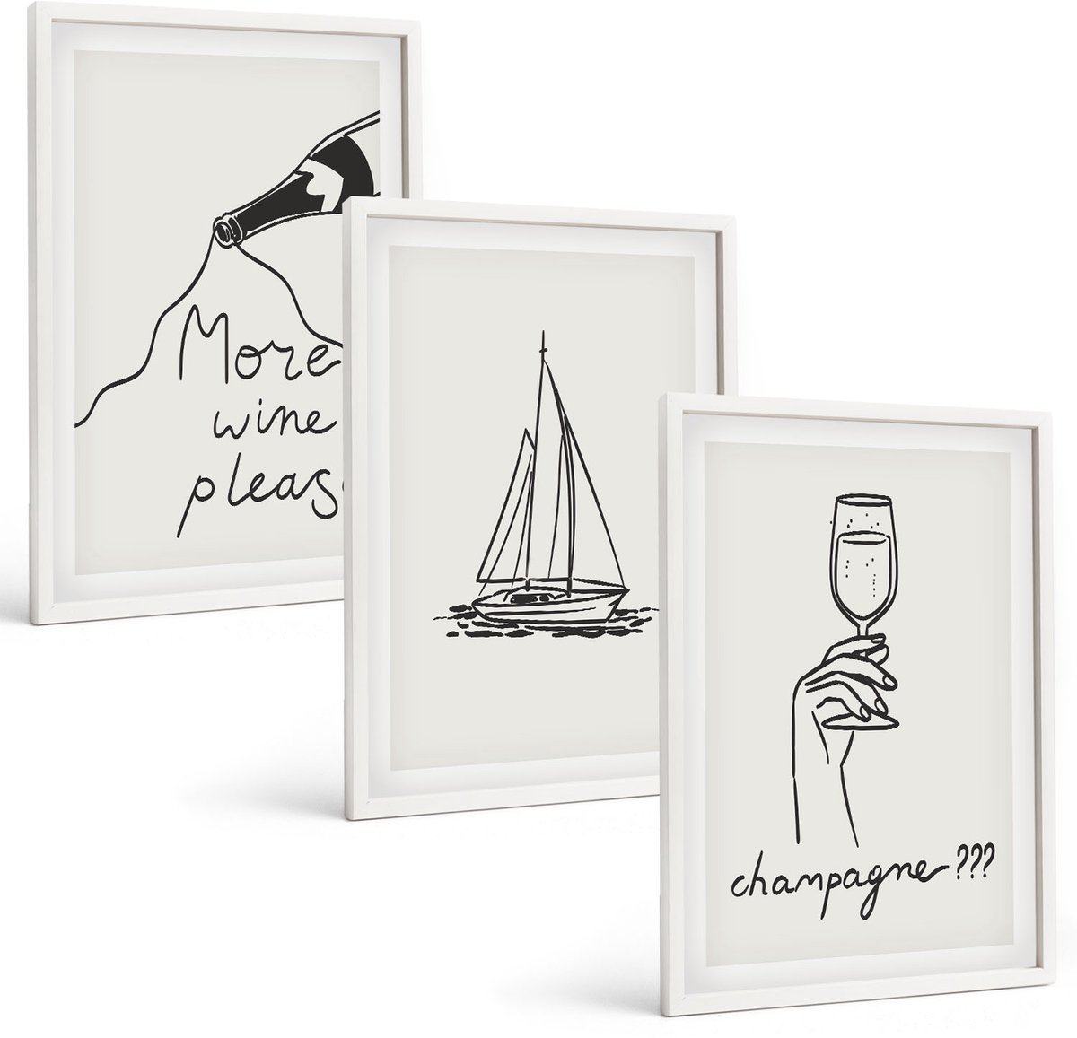 Coloray 3-Delige Schilderij Set - Wijn Zeilboot Champagneglas Lineaire Stijl - 40 x 60 - Muurdecoratie - Interieur Decoratie - Woonkamer Decoratie