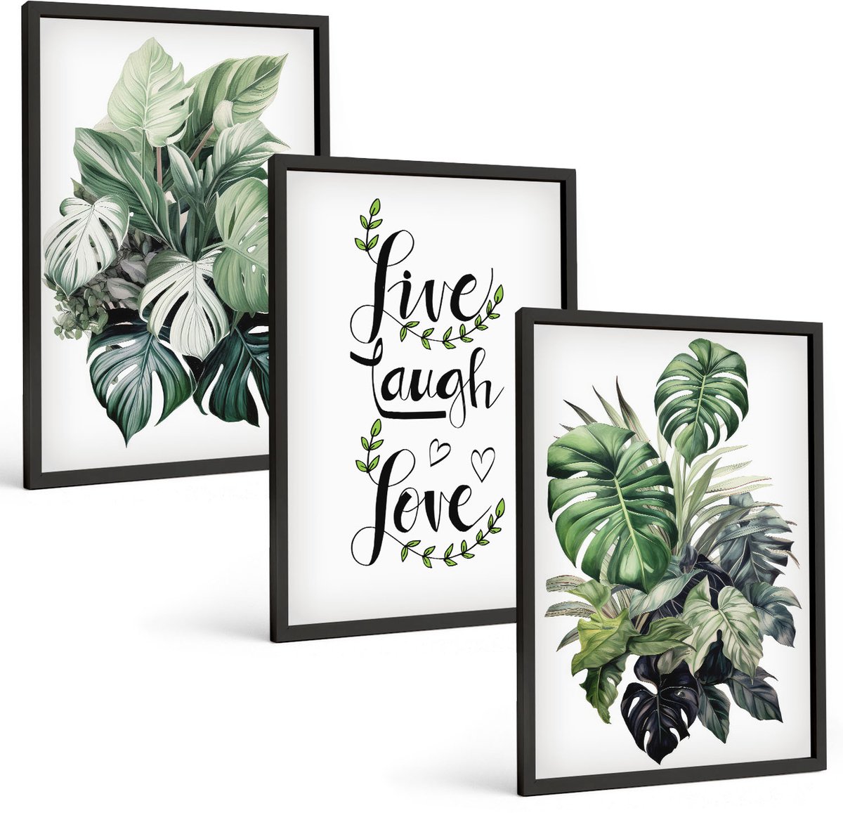 Coloray 3-Delige Schilderij Set - Bladrijke Planten Met De Woorden Leef, Lach, Houd Van - 40 x 60 cm - Decoratieve Muurdecoratie - Slaapkamer - Wanddecoratie