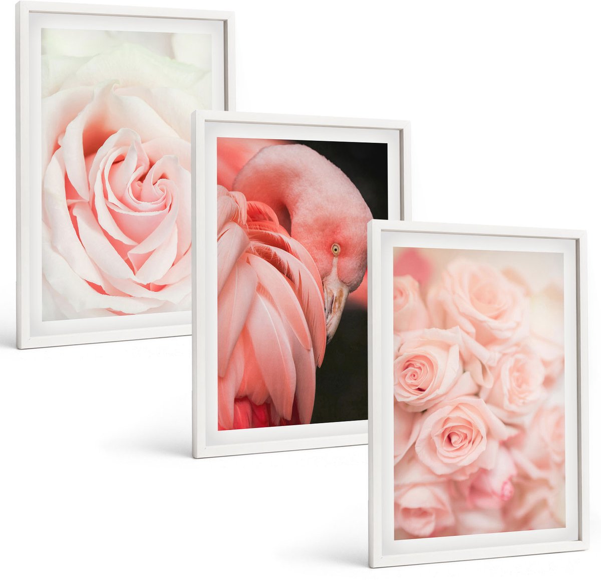 Coloray 3-Delige Schilderij Set - Pastelrozen En Flamingo'S In Delicate Tinten - 40 x 60 - Wanddecoratie - Schilderijen Set - Interieur