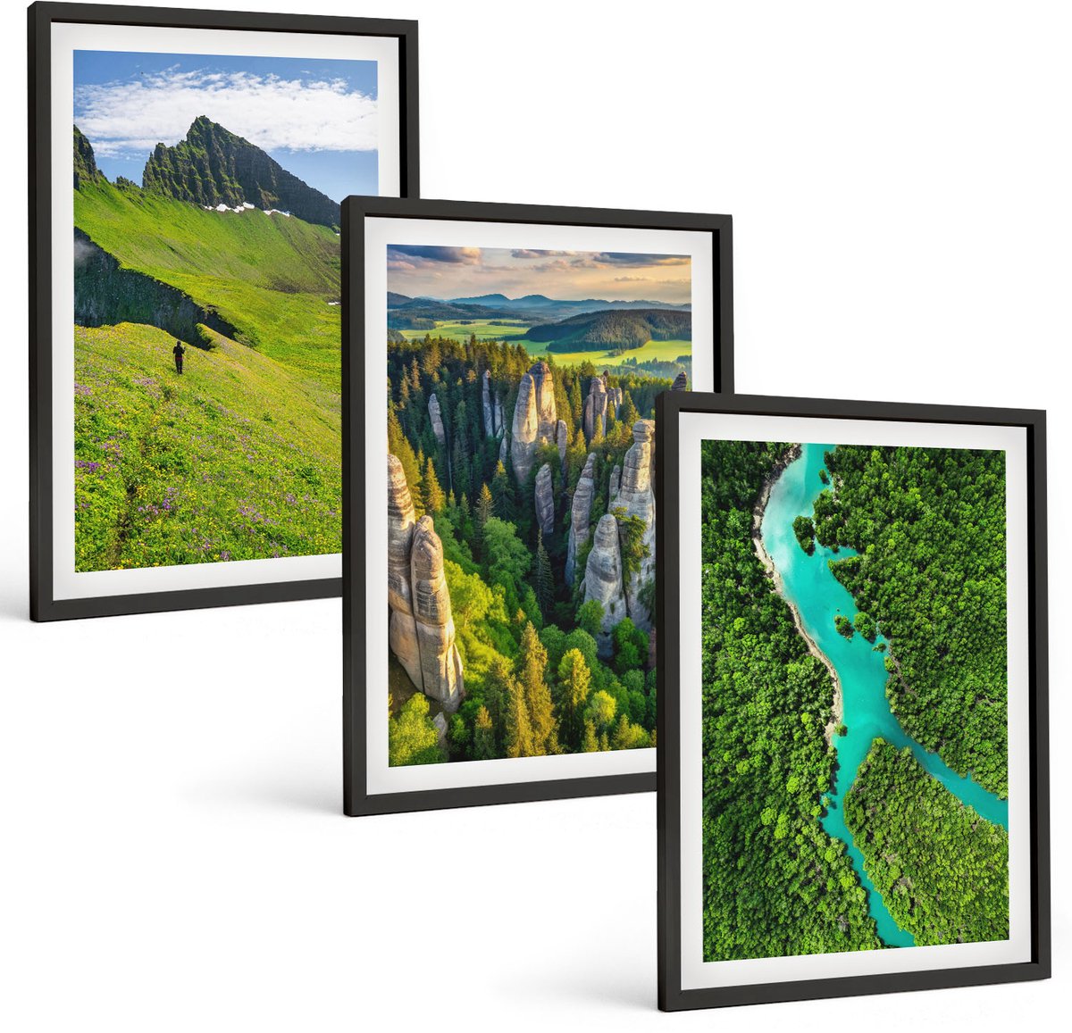 Coloray 3-Delige Schilderij Set - Groene Berglandschappen Met Rivier En Rotsen - 40 x 60 cm - Stijlvolle Wanddecoratie - Interieur - Muurdecoratie