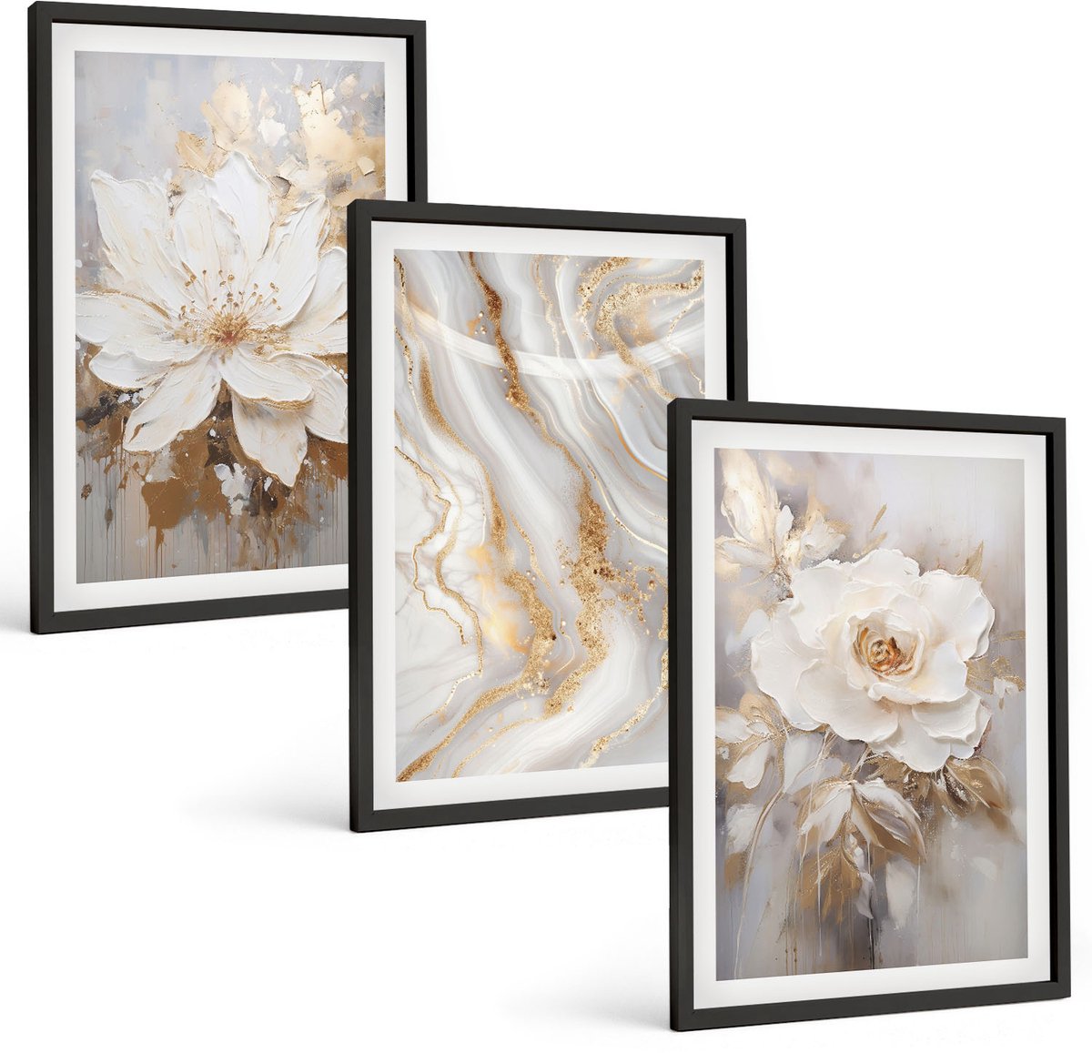 Coloray 3-Delige Schilderij Set - Bloemen En Abstract Marmerpatroon - 40 x 60 cm - Stijlvolle Wanddecoratie - Interieur - Decoratieve Schilderijen