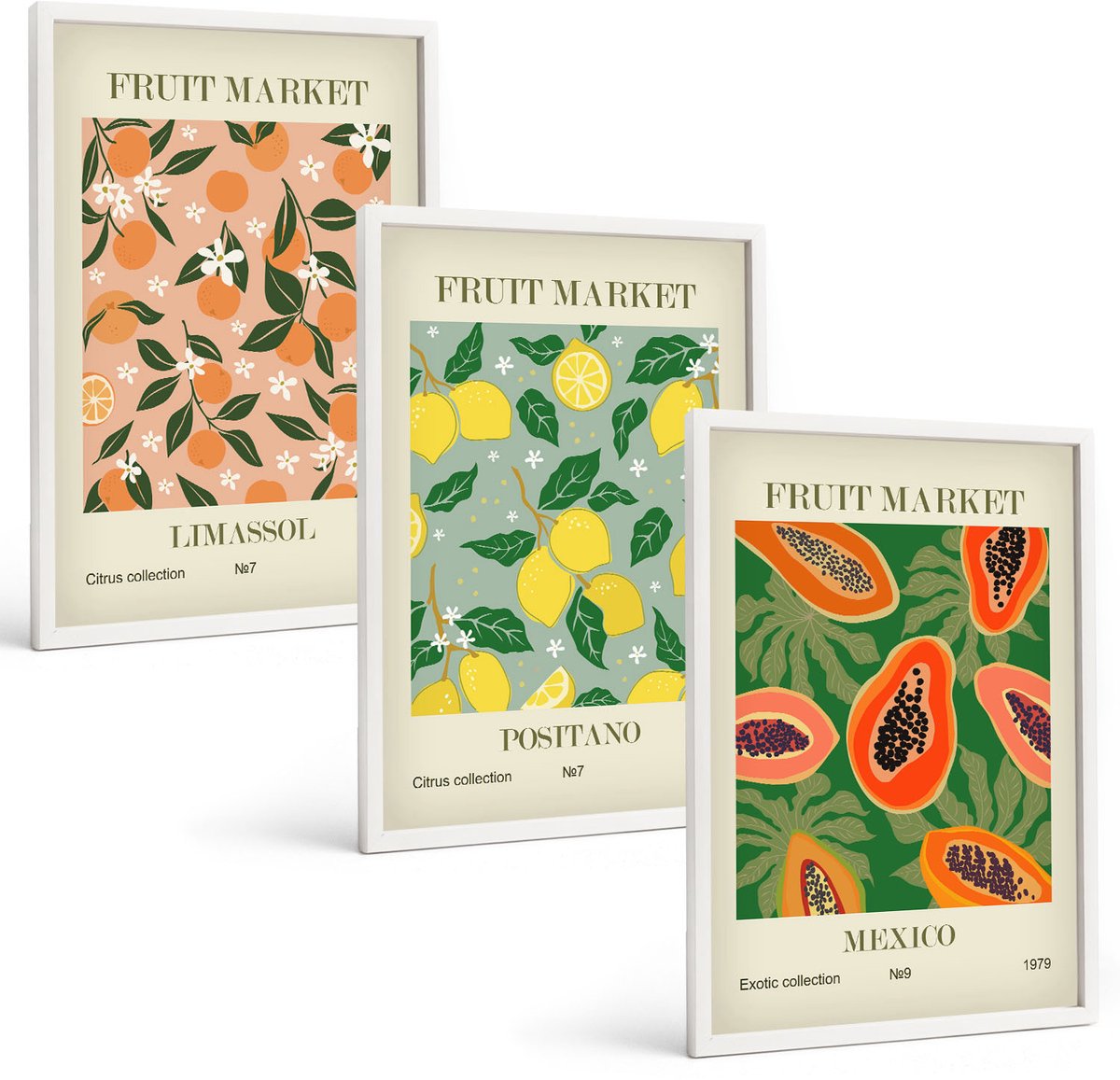 Coloray 3-Delige Schilderij Set - Citrus- En Tropische Vruchten In Retrostijl - 40 x 60 - Wanddecoratie - Muurdecoratie - Woonkamer