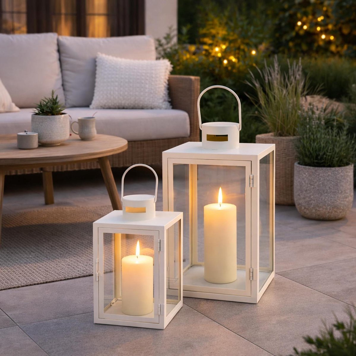 Tuinlantaarn Set - Windlichten Metaal - Buiten Decoratie - Weerbestendig Metaal - H 30/41 cm - Crèmewit