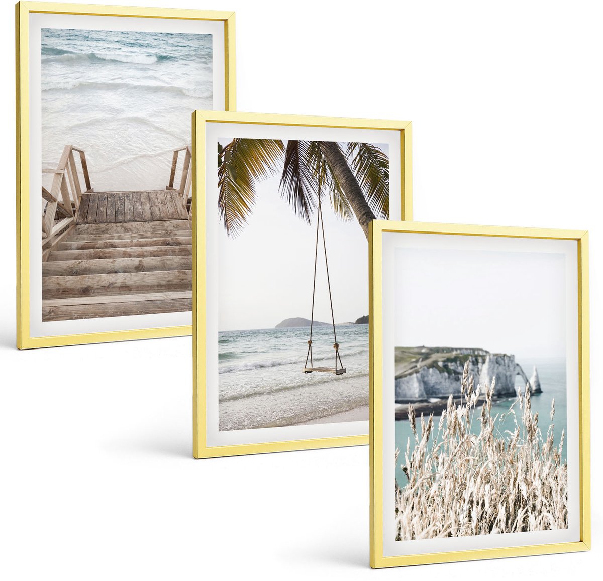 Coloray 3-Delige Schilderij Set - Strand Met Houten Trap En Een Schommel Aan Zee - 40 x 40 cm En 40 x 60 cm - Moderne Wanddecoratie - Woonkamer