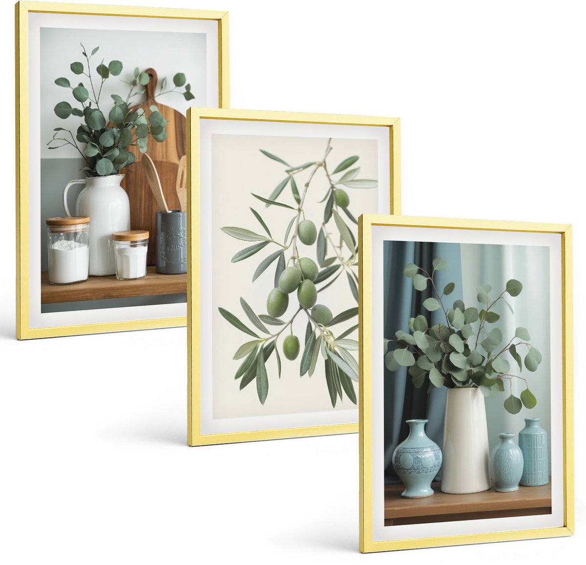 Coloray 3-Delige Schilderij Set - Olijven In Vazen ​​Tegen Een Achtergrond Van Gedempte Kleuren. - 40 x 40 cm En 40 x 60 cm - Muurdecoratie - Wanddecoratie - Hal - Decoratieve Schilderijen