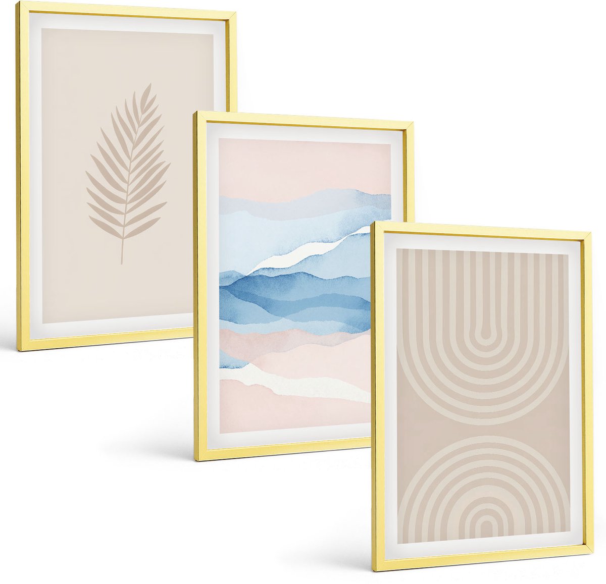 Coloray 3-Delige Schilderij Set - Bladeren En Golven In Beige En Blauwe Tinten. - 40 x 40 cm En 40 x 60 cm - Decoratieve Schilderijen - Woonkamer - Interieur - Woonkamer Decoratie