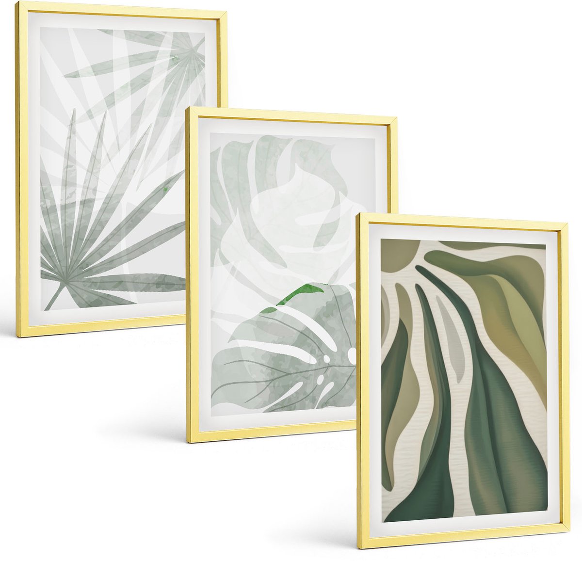Coloray 3-Delige Schilderij Set - Plantenbladeren In Groene En Grijze Tinten. - 40 x 40 cm En 40 x 60 cm - Wanddecoratie - Muurdecoratie - Moderne Interieurdecoratie