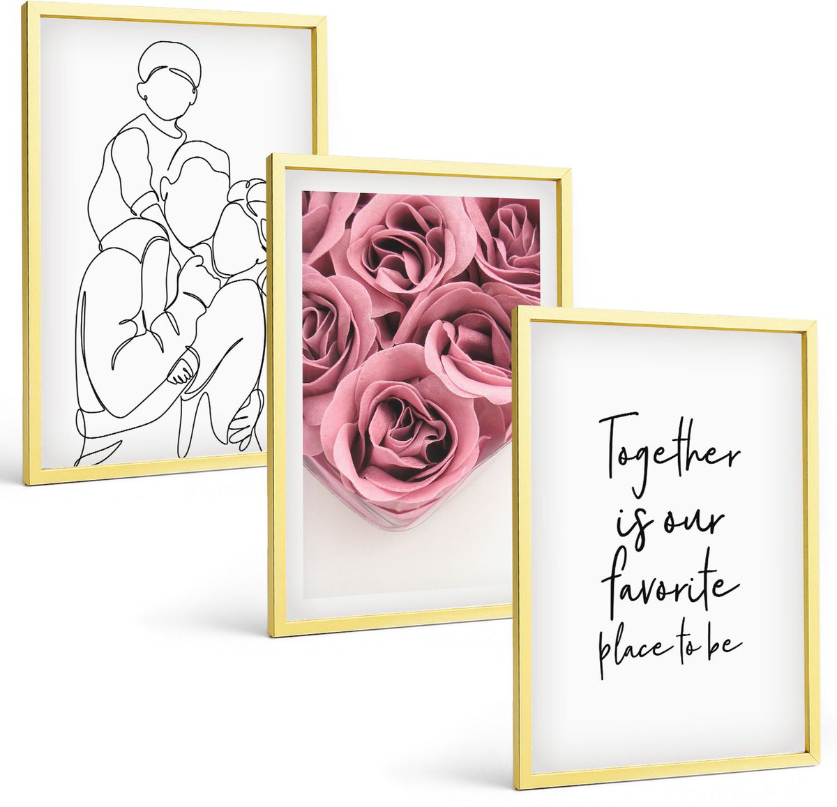 Coloray 3-Delige Schilderij Set - Familie Line-Art Rozenboeketten Inscriptie Thuis - 40 x 40 cm En 40 x 60 cm - Wanddecoratie - Woonkamer Decoratie