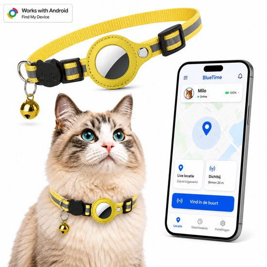 Gele kattenhalsband met reflecterende strepen, zwarte gesp, belletje en ronde houder voor tracker. Toont app met kaart en 'Milo Online'.