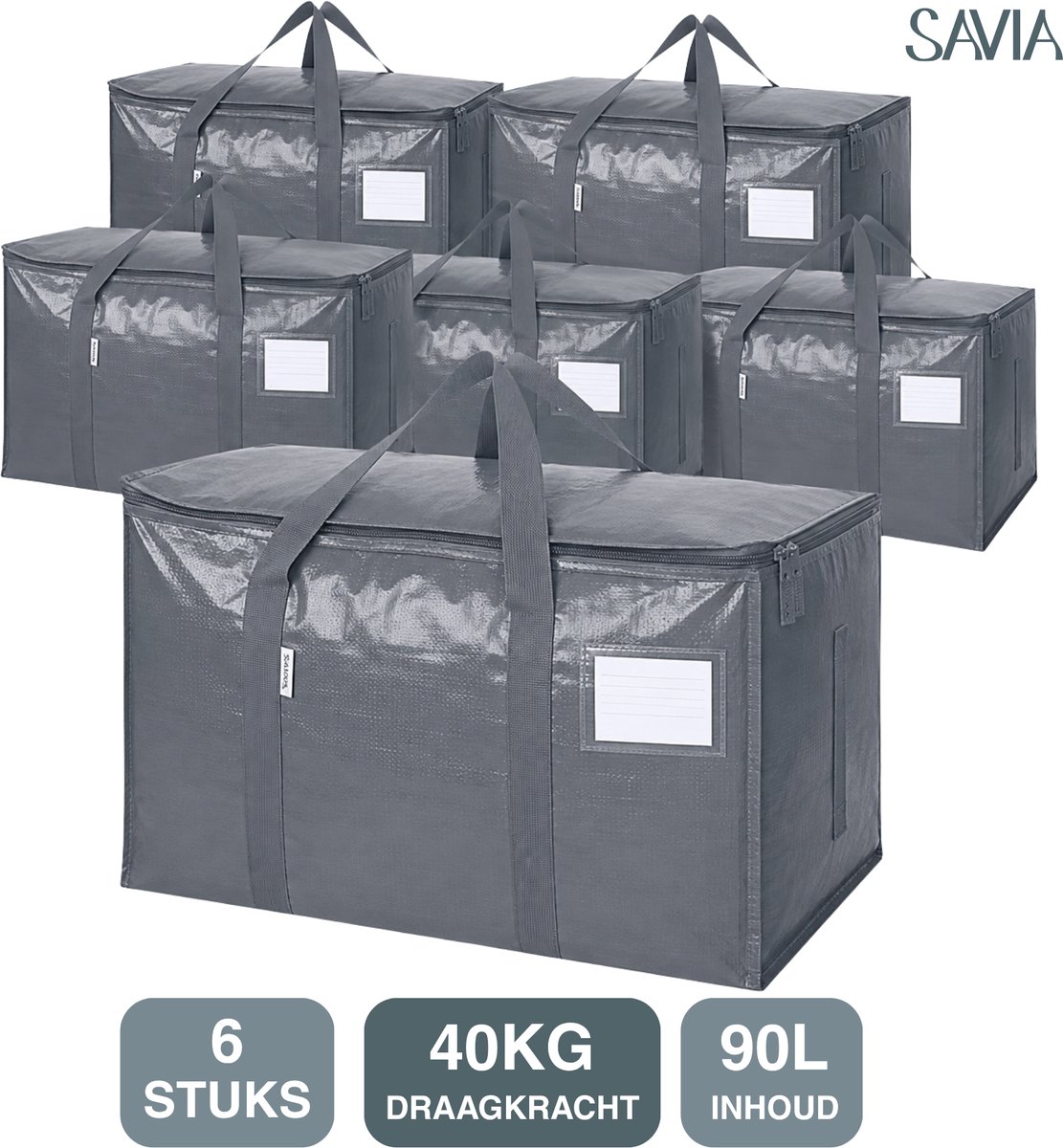 Savia Verhuistassen XXL Set van 6 Extra Sterk – Grijs – Verhuisdozen 90L voor Zware Spullen & Glazen – Boekendozen – Moving Boxes – Big Shopper – Opbergdoos Opbergbox Opbergbak – Wastas