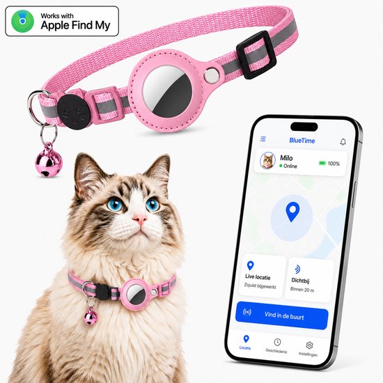 Roze kattenhalsband met reflecterende strepen, belletje en houder voor Apple AirTag. "Works with Apple Find My".