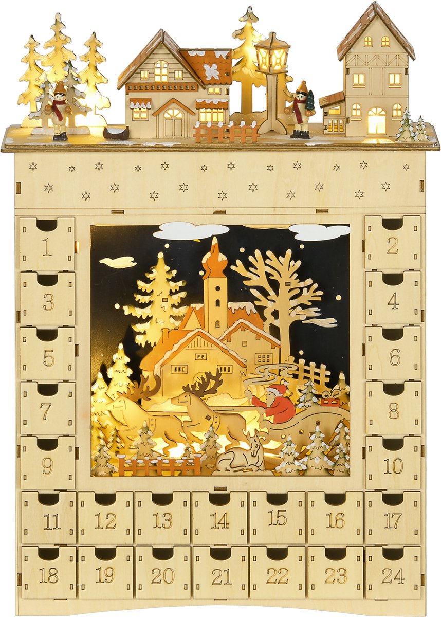Led-adventskalender in de vorm van een besneeuwd dorp met 24 laden, kerstdecoratie, beige