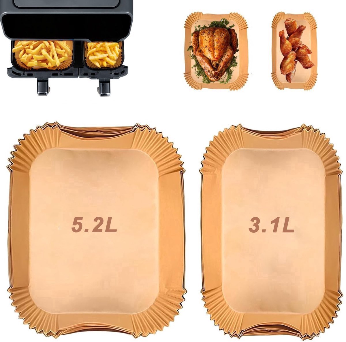 casalora® - Bakpapier airfryer - Bakpapiervellen - Geschikt voor Tefal Easy Fry 5.2L/3.1L - Liners Wegwerp Papieren Inleggers voor Cookwise 9L/Philips 3000 Serie 9L - 120 Stuks - Airfryer Wegwerpbakjes - Geschikt voor Tower T17099 heteluchtfriteus