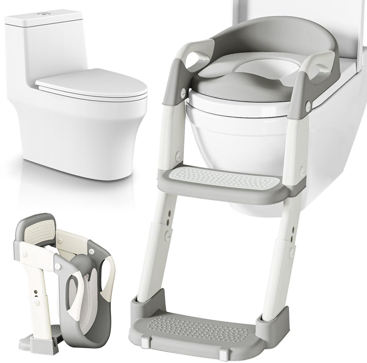 WC-Verkleiner voor Kinderen met Trapje - Zachte PU-Zitting - In Hoogte Verstelbaar - Antislip - Uitneembaar Potje - Opvouwbaar