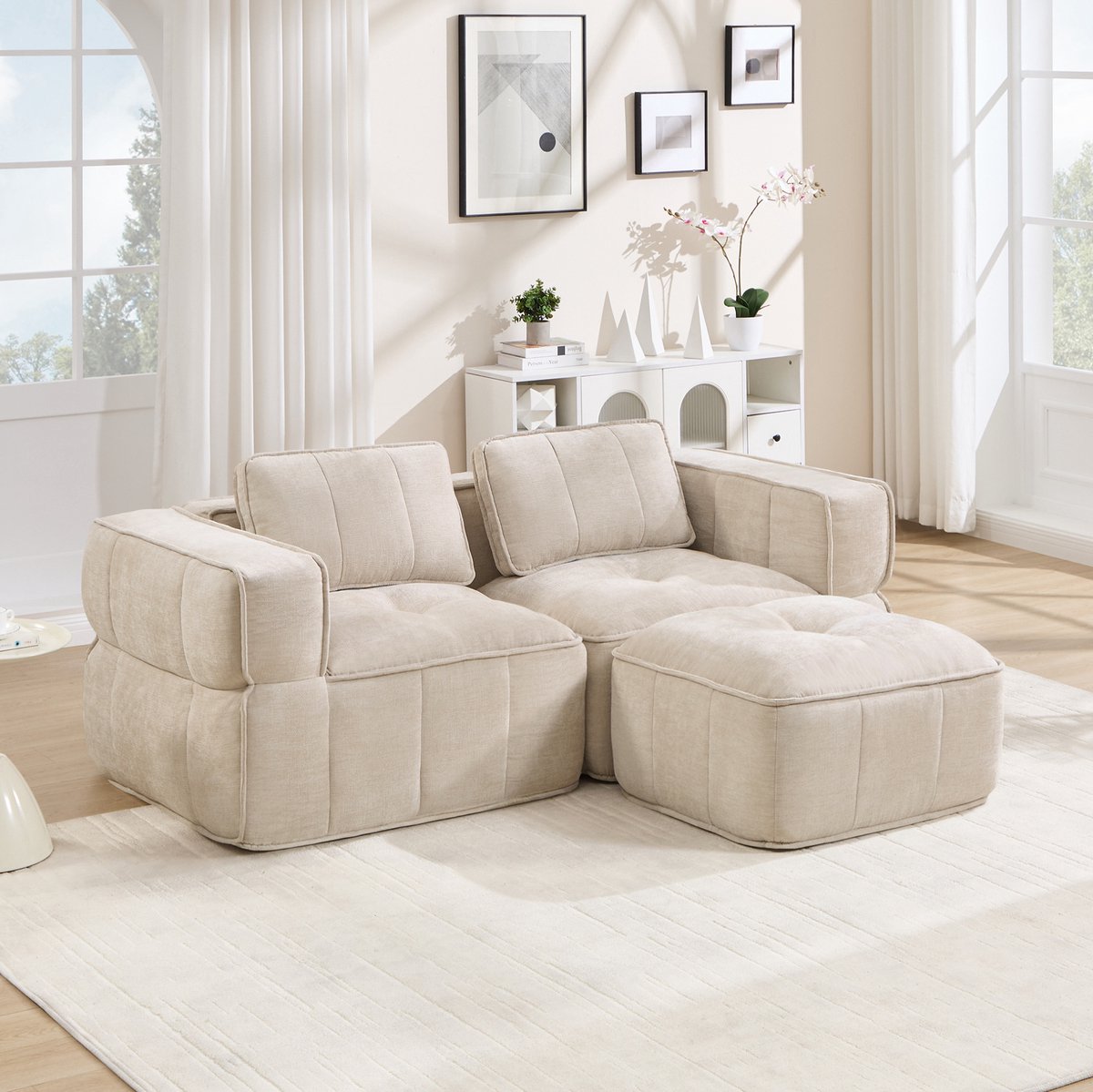 REDOM - Hoekbank - Modulaire L-vorm - Met hocker - Moderne stijl - Woonkamer - Polyester - Beige - 198 x 162 x 67 cm