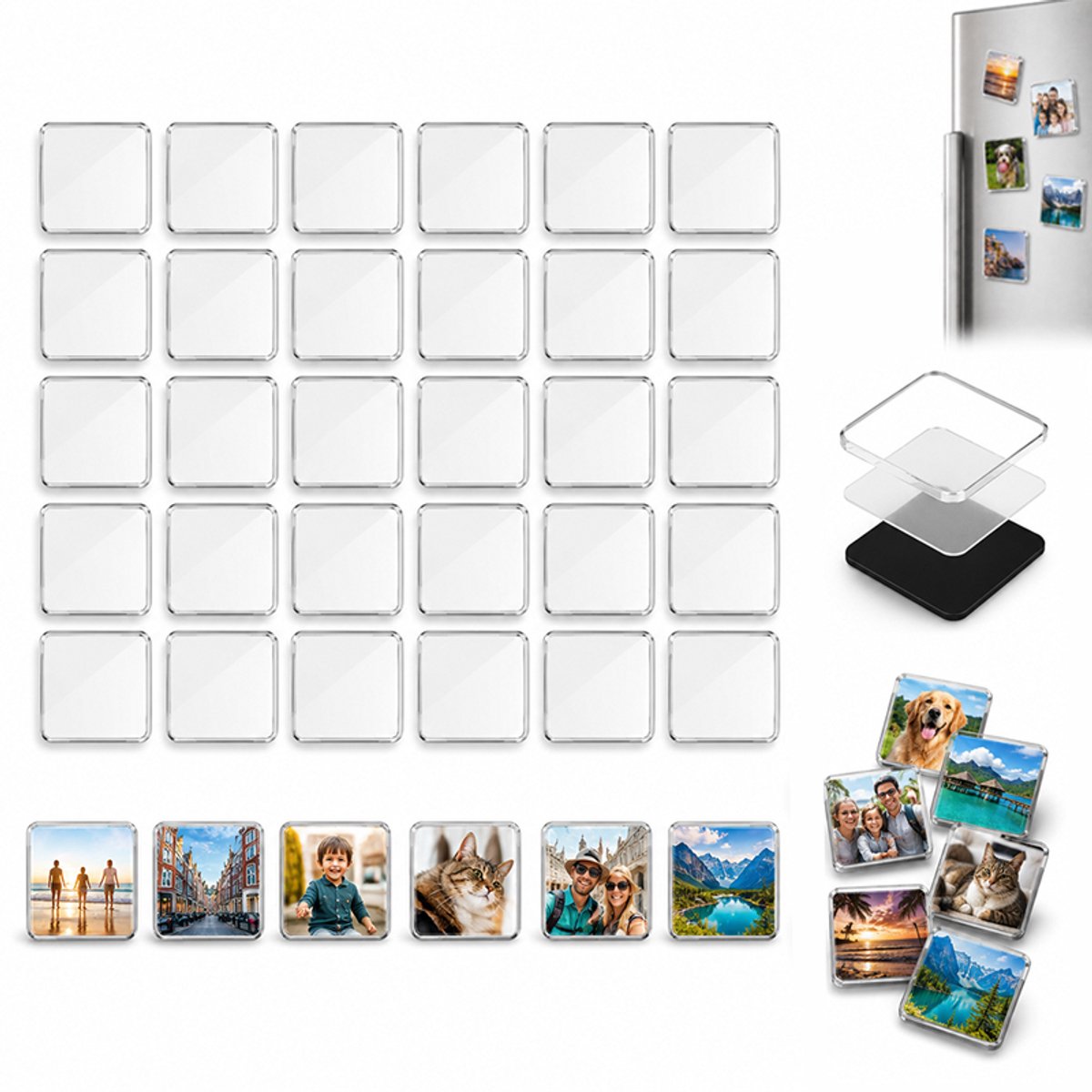 VHV-Koelkastmagneten - Zelf maken - Zelfklevend - Set van 30 - DIY hobby - Blanco acryl basis - Magneetstickers - Voor knutselen - Acryl - Transparant