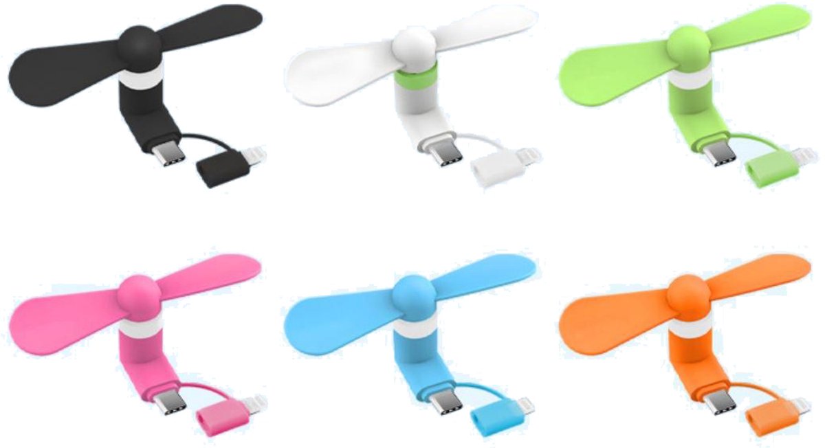 SSTRWGOOD 6 Stuks USB-Ventilatoren - Mini Handventilator - Stille Koelwind - Geschikt voor iPhone en Type-C - Siliconen Materiaal - Draagbaar met Dubbele Interface