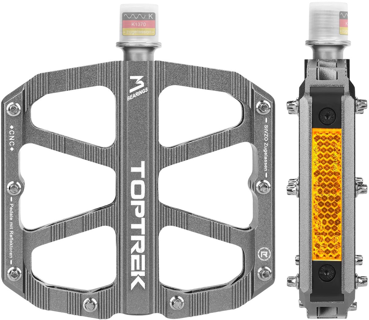 Toptrek fietspedalen zilver met StVZO-goedgekeurde reflectoren, CNC-aluminium pedalen fiets MTB-pedalen antislip met 3 - ShopVlot