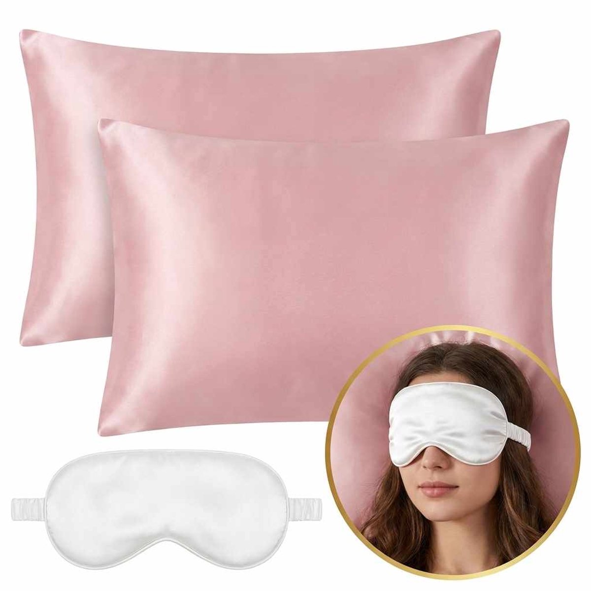 DIVERZA Satijnen Kussenslopen Set – Inclusief Wit Slaapmasker – 60x70cm – Zacht voor Haar & Huid – Hypoallergeen – Roze en Wit